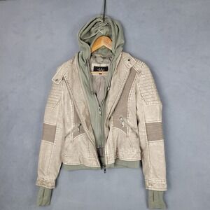 Coalition Biker Jacket Womens XS Khaki Lined‎ Sweater Hooded Textured Full Zip